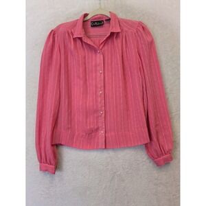 Jean de Pierre Blouse Women's 9/10‎ Pink Pinstripe Faux Pearl Button Puff Sleeve